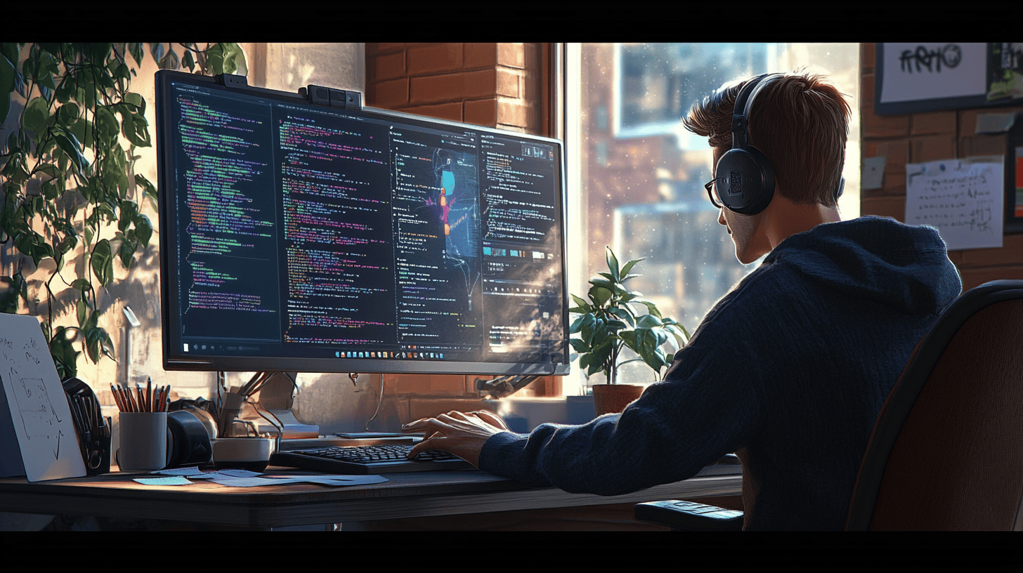 A developer sitting at a desk wearing headphones, interacting with code on a large computer screen showing various programming interfaces, with a sunlit room and plants in the background.